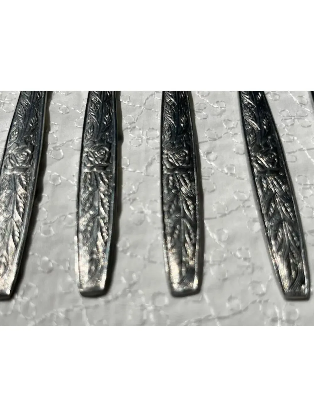 Set of 8 Stanley Roberts Glossy Etched Rose Floral Silver Forks Made in Japan